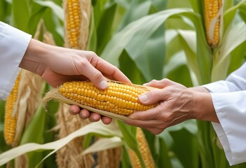 Close-Up of Hands Holding a Fresh Ear of Corn giving to a scientist in a Field by farmer