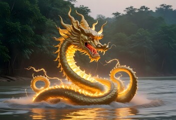 golden glowing dragon in the river at dusk