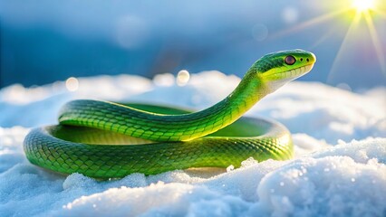 Obraz premium Green snake slithering on snow with winter decor in soft light