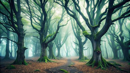 A spooky fog-covered forest filled with gnarled beech trees and mystery