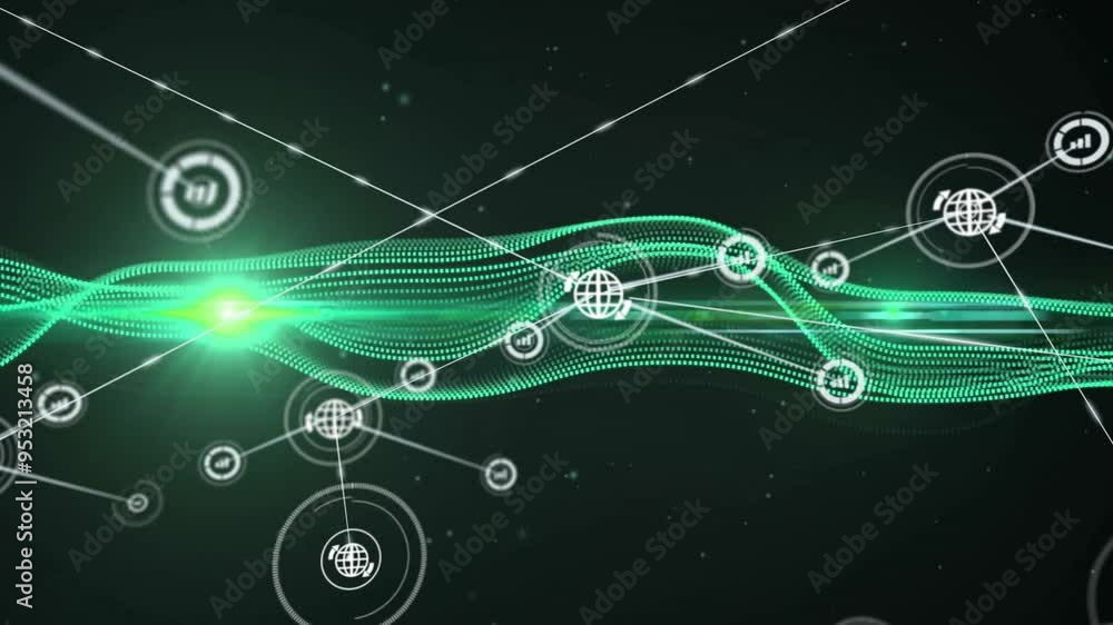 Poster green waveforms and interconnected icons, digital network animation