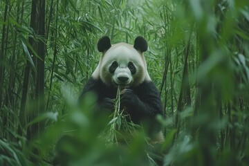 Obraz premium Giant Panda Eating Bamboo in Lush Forest