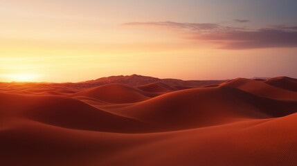 Breathtaking desert landscape at sunset featuring rolling sand dunes and a warm, colorful sky.