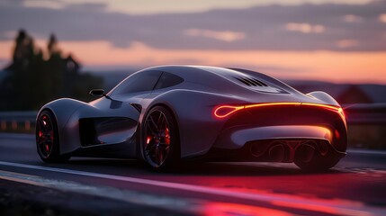 A sleek black sports car drives down an asphalt road at sunset with the taillights glowing.