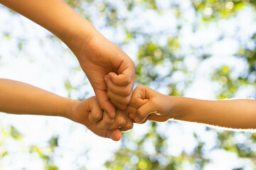 children holding hands, standing on the green grass, the concept of friendship and a group of young people working in a team, a circle of hands