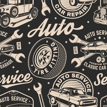 Auto service seamless pattern or background. Vector. Fabric, texture, wallpaper for service car repair, restoration and car club.