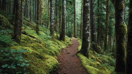 Obraz premium Forested trail amidst mossy trees.