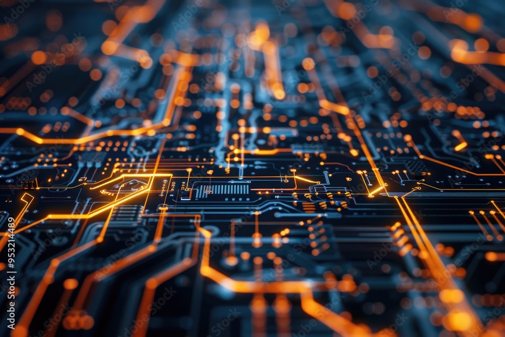 Poster close-up view of electronic components and wiring on a circuit board
