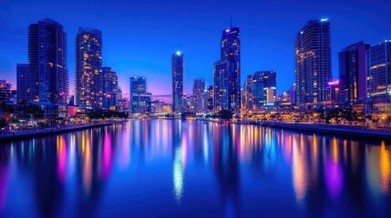 Obraz premium A blue hour cityscape with buildings and lights reflecting on a river, creating a serene atmosphere