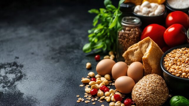 A vibrant assortment of fresh ingredients including vegetables, legumes, and eggs on a dark background, ideal for culinary creations.