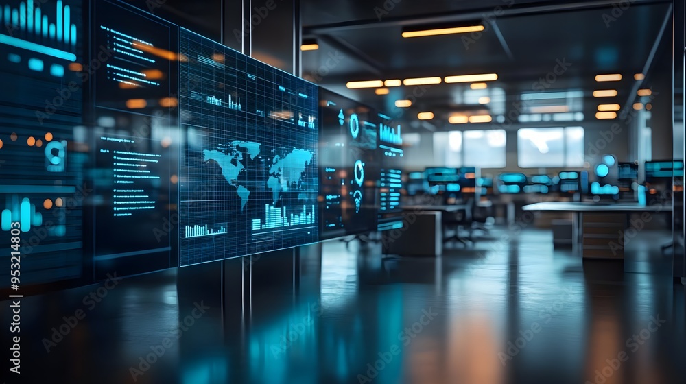 Poster futuristic data center with global map display