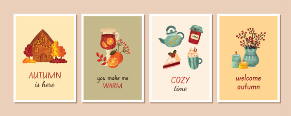 Hello Autumn greeting cards collection. Fall warm posters set with botanical elements, house, candles, mulled wine, coffee and cake. Watercolor vector illustration.