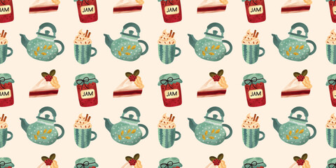 Seamless warm fall pattern with teapot, cup of coffee, jam and cake. Watercolor vector illustration. Pattern for fabric, scrapbooking and stationery.