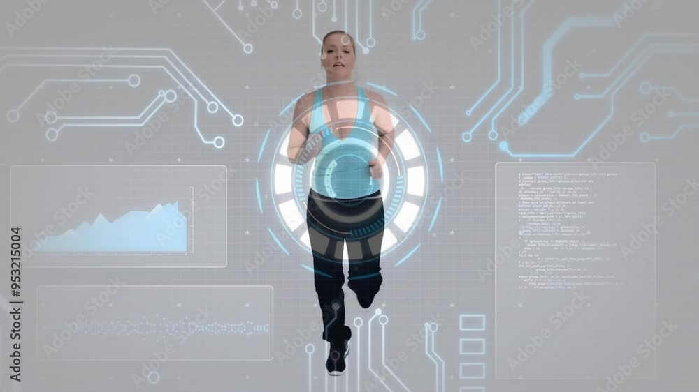 Poster running person with futuristic data processing animation over circuit board background