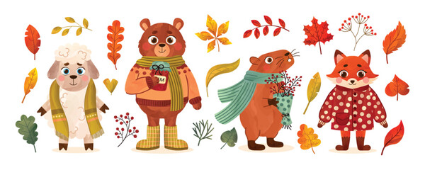 Collection of cute fall forest animals. Autumn bear, sheep, fox and capybara. Botanical elements in golden warm shades. Watercolor vector illustration.