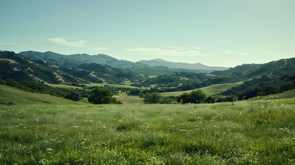 Naklejka premium Rolling hills and lush green meadow with a blue sky background.