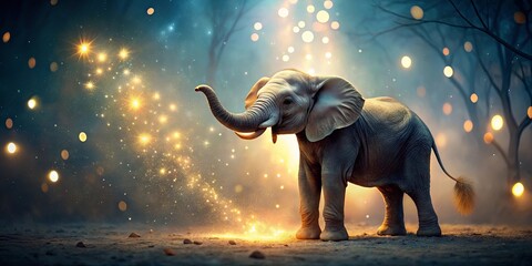 A whimsical small elephant with glowing lights on its face and trunk for a magical and enchanting image