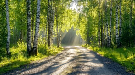 Obraz premium Forest path under birch canopy