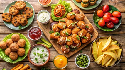 A festive football party spread with a variety of snacks including chips, dip, wings, and sliders