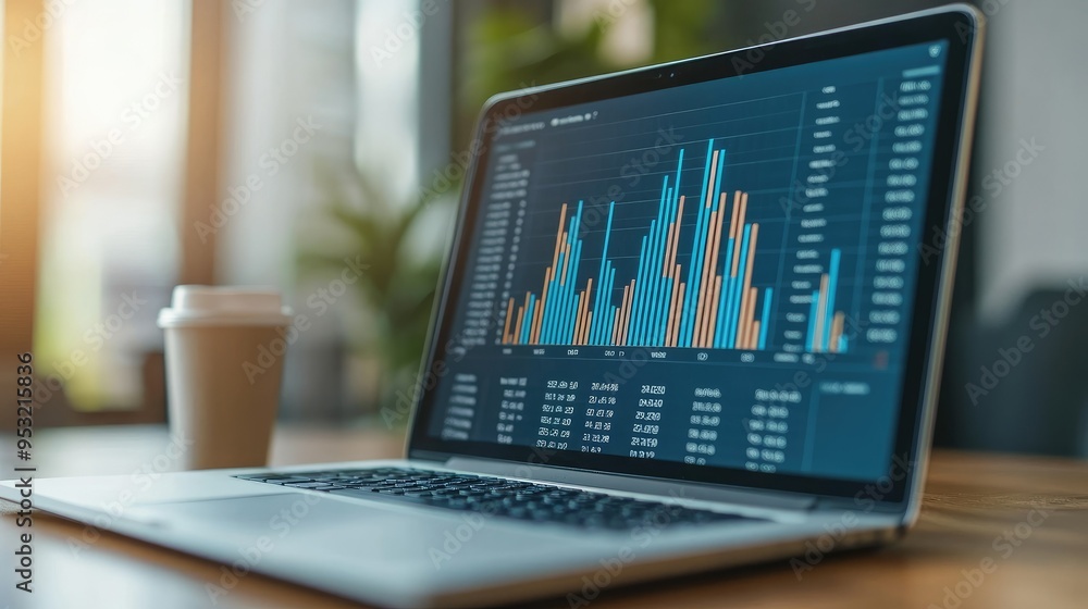 Poster a close-up of a laptop screen showing a financial graph with a declining trend