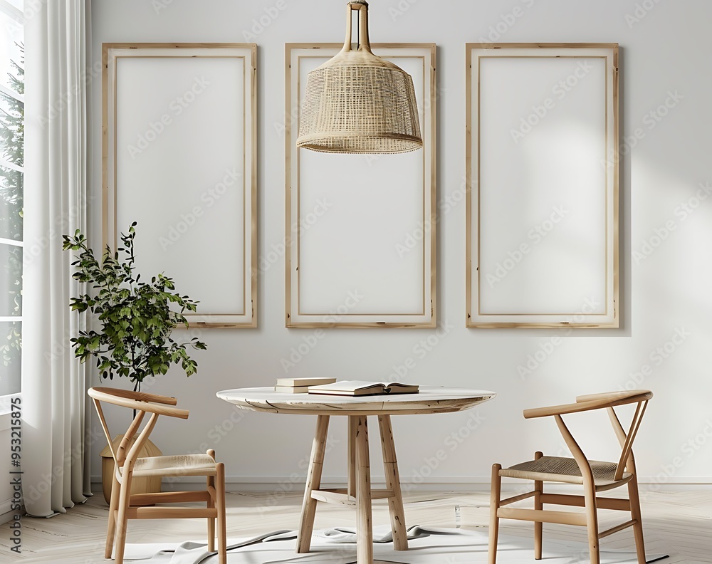 Wall mural large thick white wooden picture frames hanging on the wall of an elegant dining room. The interior had a simple and minimalistic Scandinavian style with light warm wood tones.