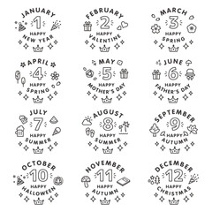 月別のシンプルでかわいい線画の見出しセット