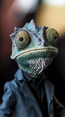 Fototapeta premium A detailed close-up of a chameleon figurine dressed in a suit, showcasing its unique features and realistic textures.