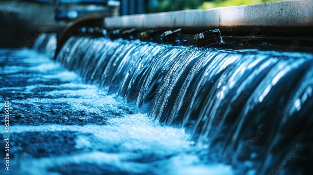 Poster a serene close-up of flowing water cascading over a surface, creating a tranquil and refreshing atmo