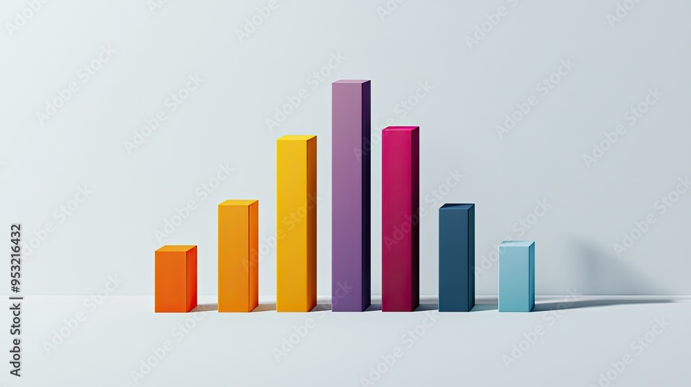 Poster a colorful bar graph with shadows, isolated on a light gray background, showing business performance