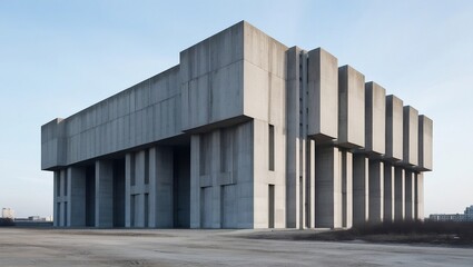 Obraz premium A large brutalist building made of raw concrete with sharp angles and massive, block-like structures.