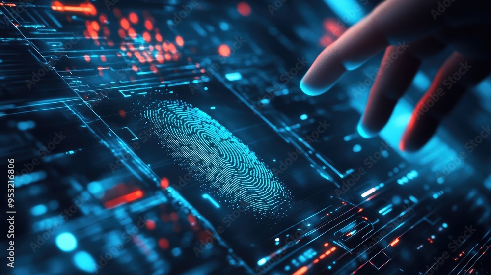 Poster high-tech fingerprint security system, illuminating personal data protection within a cyber network 