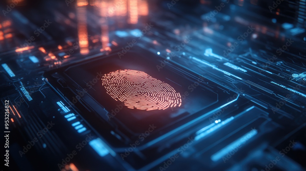 Poster high-tech fingerprint security system, illuminating personal data protection within a cyber network 