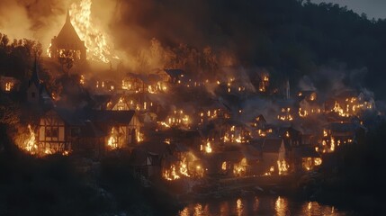 Fototapeta premium Medieval Village Burning in Flames Nighttime Fire Disaster