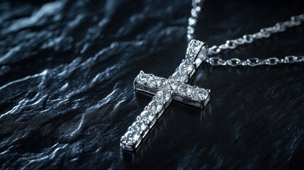 Diamond Faith: A silver cross pendant, adorned with sparkling diamonds, rests upon a dark, textured surface, radiating elegance and spirituality.  