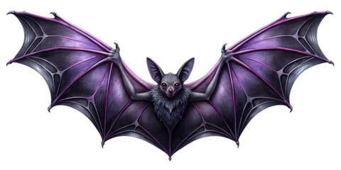 Breathtakingly detailed bat illustration with vibrant purple wings, cut out transparent