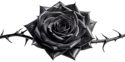 Black rose with thorns displayed against a white background, cut out transparent
