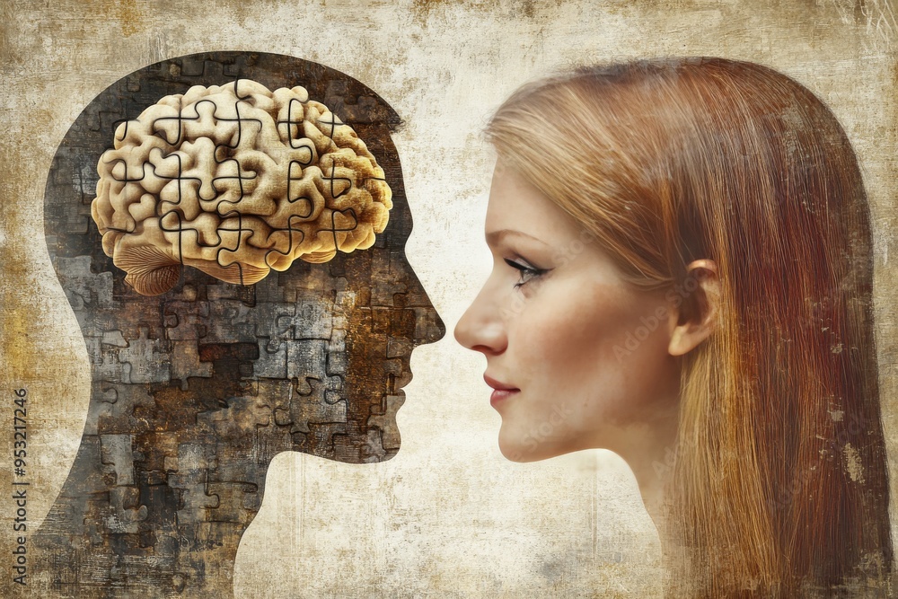 Poster cognitive load trust mosaic like brain imagery on profiles of a man and woman highlighting the intri