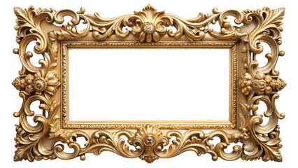 Ornate golden frame with intricate details ready for artwork display, cut out transparent