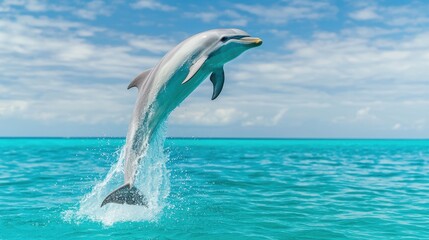 Obraz premium Dolphin Jumping Out of Water with Splash and Blue Sky