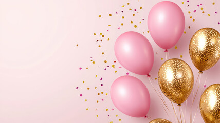 birthday pink balloons background design happy birthday golden balloon and confetti decoration element for birth day celebration greeting card design, detailed high definition image