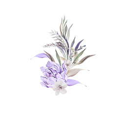 Beautiful watercolor  bouquet  with  leaves and peony  flowers.