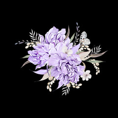 Beautiful watercolor  bouquet  with  leaves and peony  flowers.