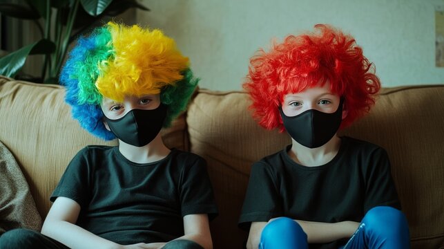 Two boys with black masks and punk wigs quarantine at home with coughs due to the fight against coronavirus.