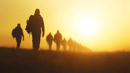 Courageous adventurers walk towards the horizon, illuminated by a stunning sunset, embodying resilience and exploration.