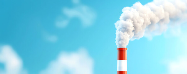 Industrial chimney releasing white smoke into a clear blue sky, symbolizing pollution and environmental impact.