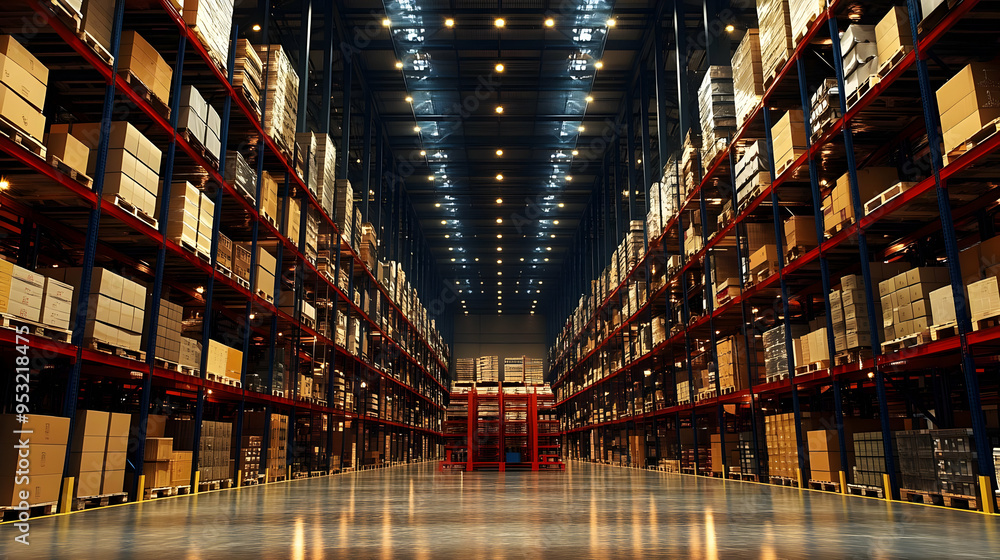 Aufkleber a long view down the aisle of a large warehouse with rows of stacked boxes.