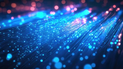 Obraz premium A futuristic technology background showcasing bright fiber optic connections, with glowing strands creating a sense of speed and connectivity.