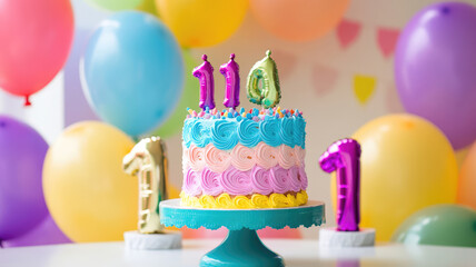 colorful first birthday celebration with cake and balloons, detailed high resolution image