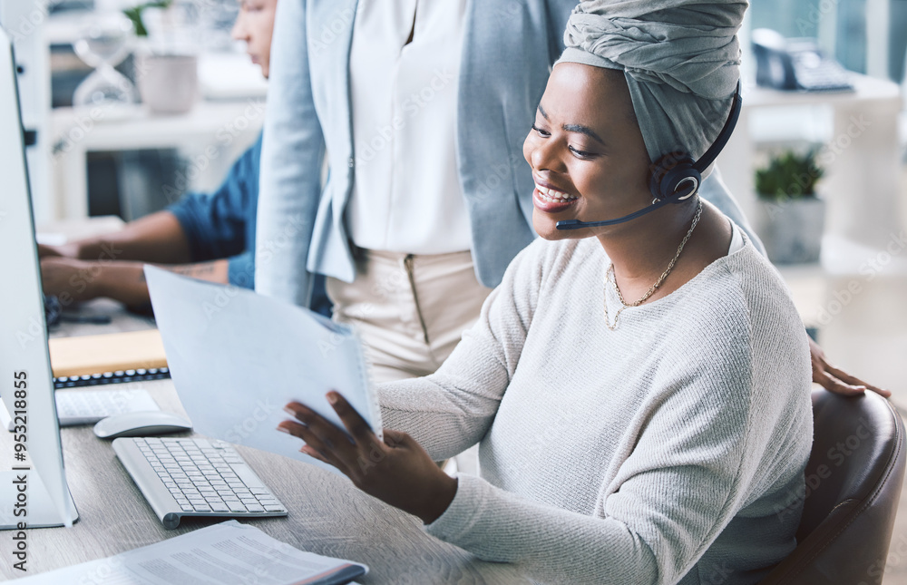 Poster document, intern and woman with smile at call center with training for customer service. people, emp