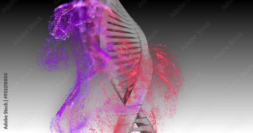 Poster dna strand with purple and red particles, scientific data processing animation
